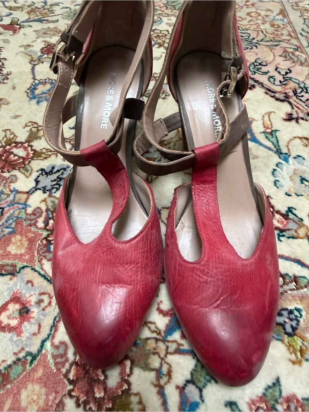 More & More Distressed Red Leather T-Strap Block Heels – Size 7.5 / 38